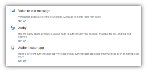 Security options of Voice or text message, authy app, or authenticator app